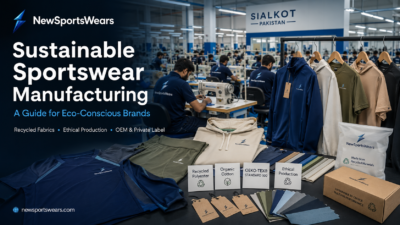 Best sportswears sustainable manufacturing image showing NewSportsWears branding, recycled fabrics, organic cotton cards, eco packaging, and Sialkot factory production.