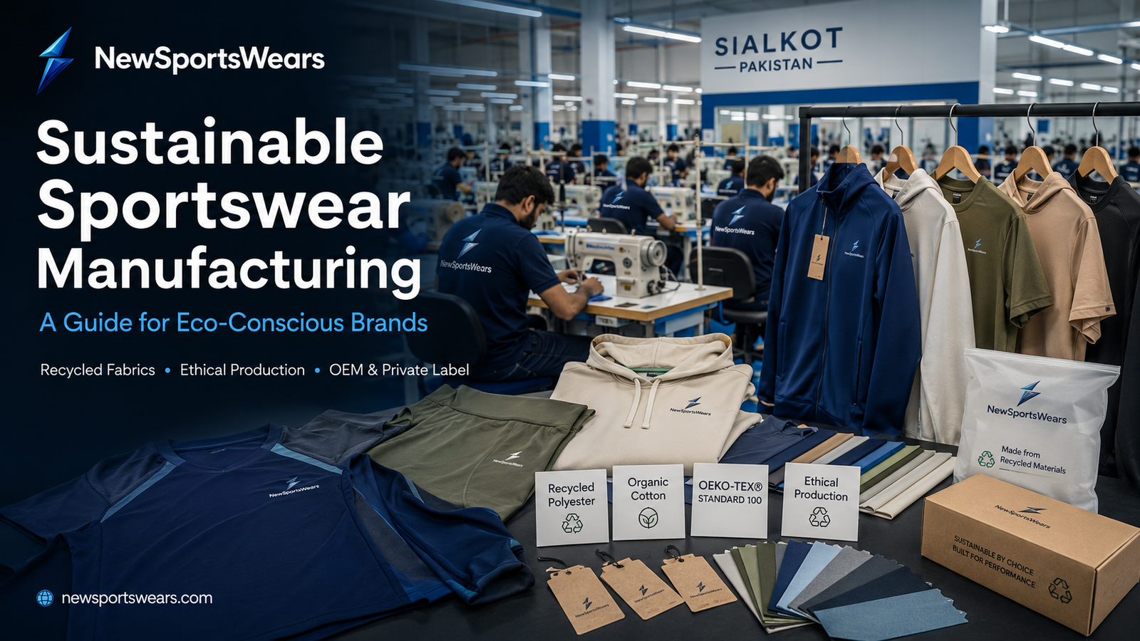 Best sportswears sustainable manufacturing image showing NewSportsWears branding, recycled fabrics, organic cotton cards, eco packaging, and Sialkot factory production.
