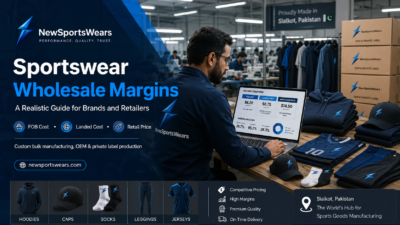 Wholesale sportswears margin guide image showing NewSportsWears branding, pricing dashboard, hoodies, caps, socks, jerseys, leggings, and Sialkot factory production.