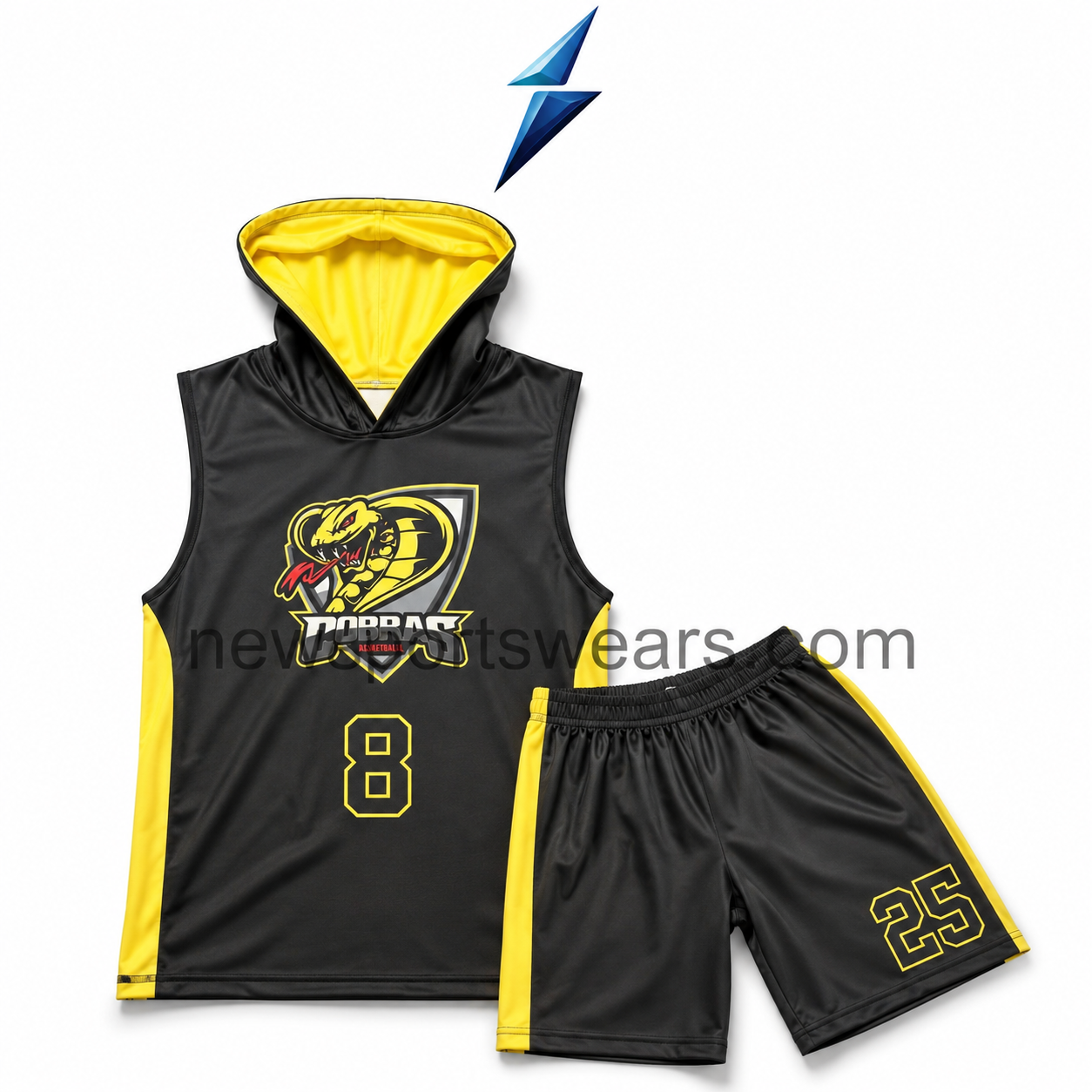 Men’s Hooded Basketball Jersey and Shorts Set – Black and Yellow Sleeveless Team Uniform, Breathable Custom Basketball Sportswear Kit Alt text: NSW Basketball Jersey and Shorts Set in black and yellow with hooded j