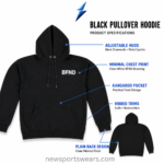 Custom Hoodie specification image with drawcords, chest logo and kangaroo pocket by NSW and NEW SPORTS WEAR