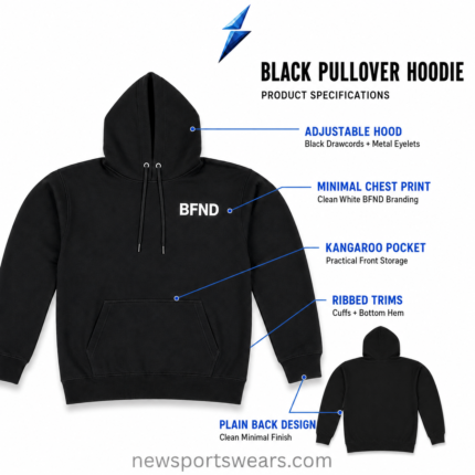 Custom Hoodie specification image with drawcords, chest logo and kangaroo pocket by NSW and NEW SPORTS WEAR