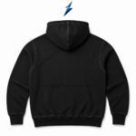 NSW Custom Logo Hoodie detail showing black fabric, light-grey double stitching and white logo placement by New Sports Wear