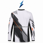 Custom Motocross Jerseys with white body, black side panels, reinforced seams, and orange print by NSW New Sports Wear