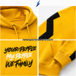 NSW yellow hoodie close-up showing fleece texture, drawstring hood, metal eyelets and neckline stitching by NEW SPORTS WEAR