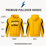 NSW custom pullover hoodie specification showing fleece fabric, hood, pocket, ribbed hem and sleeve panels by NEW SPORTS WEAR