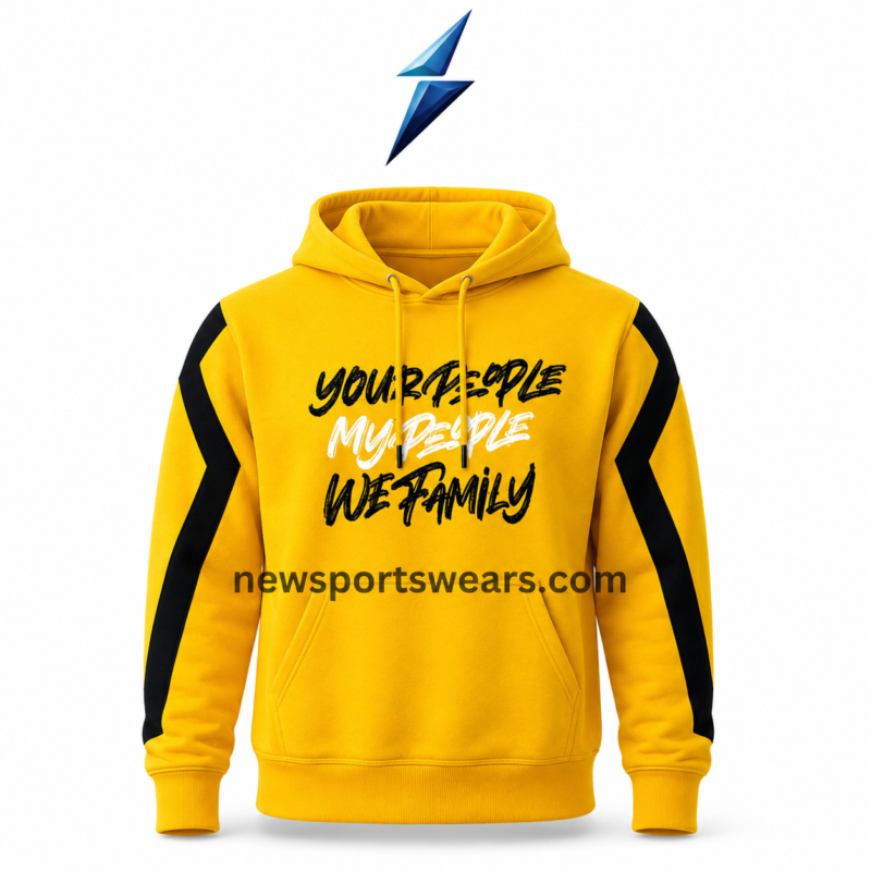 NSW custom pullover hoodie in yellow and black with front graphic, drawstring hood and kangaroo pocket by NEW SPORTS WEAR