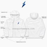 New Sports Wear Custom Windbreaker Jackets specification image showing hood, zippers, pockets and raglan seams