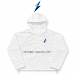 NSW Custom Windbreaker Jackets in glossy white with blue chest logo, raglan seams and full front zipper