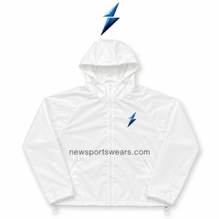 NSW Custom Windbreaker Jackets in glossy white with blue chest logo, raglan seams and full front zipper