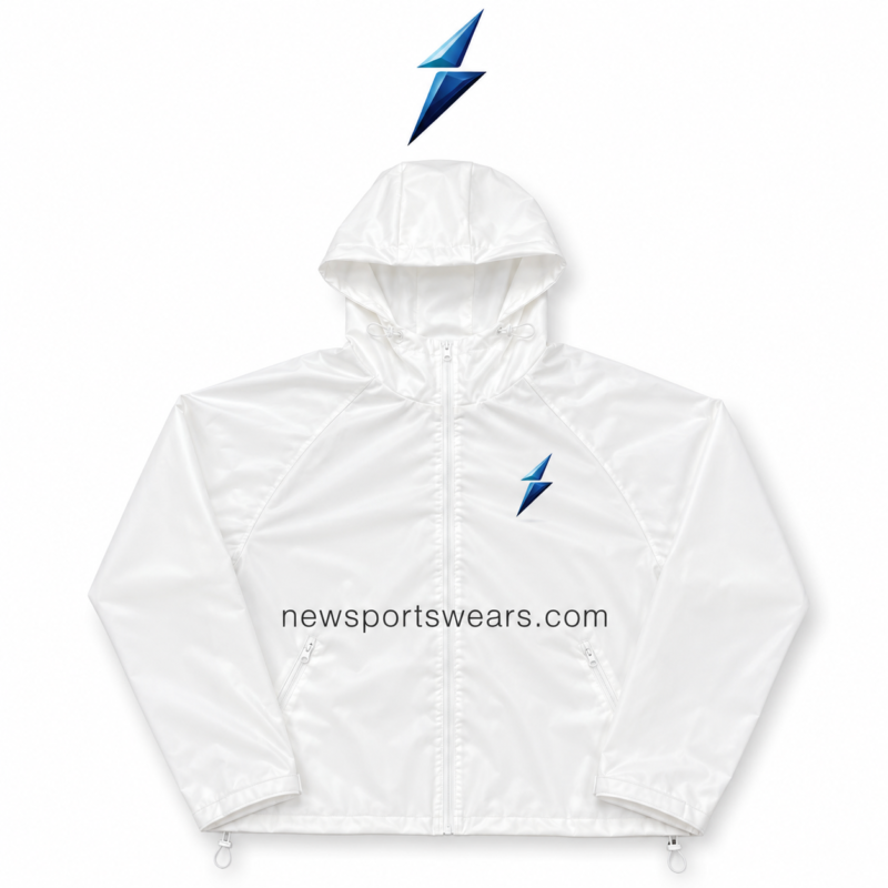 NSW Custom Windbreaker Jackets in glossy white with blue chest logo, raglan seams and full front zipper