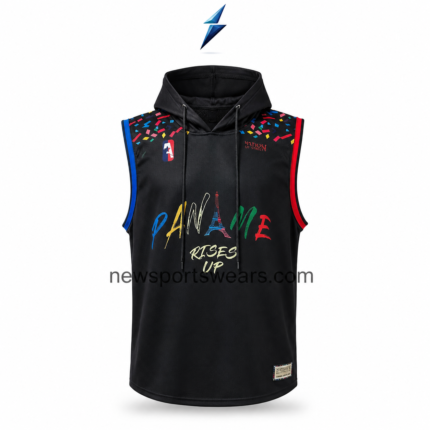 Black Hooded Tank Top front view with multicolor Paris graphics, red and blue piping, and NSW New Sports Wear branding