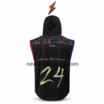Black Hooded Tank Top back view with colorful shoulder panels, curved stitching, number 24, and NSW New Sports Wear branding