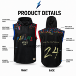 Hooded Tank Top close-up showing black drawstrings, mesh texture, multicolor shoulder graphics, and NSW New Sports Wear branding