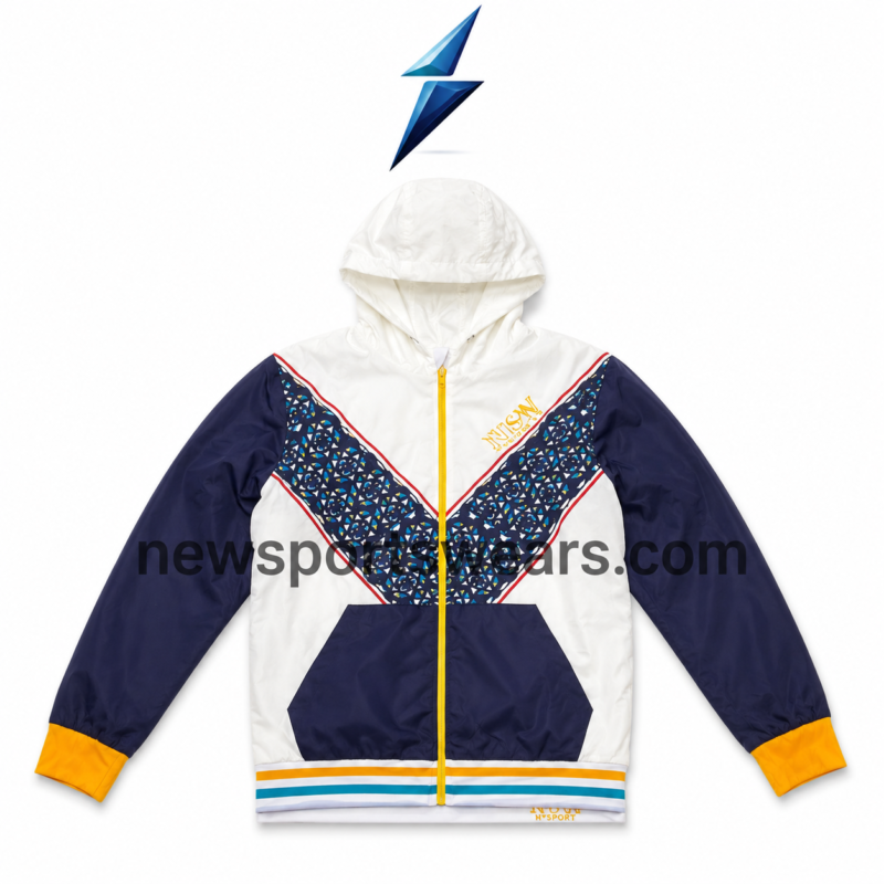 Men’s white tracksuit by NSW with navy sleeves, patterned V-panel and yellow zipper
