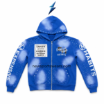 NSW New Sports Wear royal-blue graphic zip hoodie front view with white fade print and chest patches