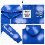 NSW New Sports Wear royal-blue hoodie sleeve with distressed white lettering and speckle print