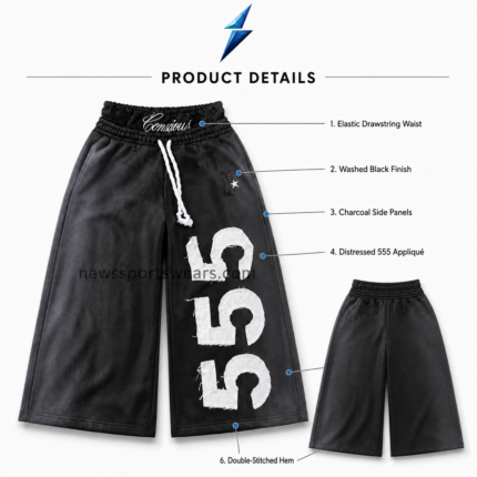 NEW SPORTS WEAR Baggy Shorts close-up showing three distressed white 555 appliqués on the black NSW leg panel