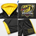 New Sports Wear black basketball shorts with yellow side panels and outlined number 25
