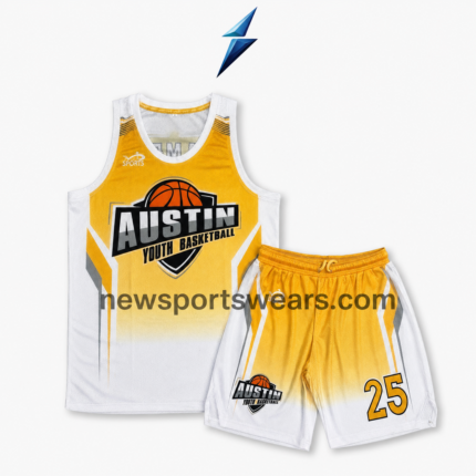 NEW SPORTS WEAR basketball uniform set back view with yellow-to-white gradient, mesh fabric and stitched white side panels