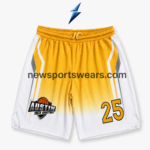 NEW SPORTS WEAR basketball uniform set shorts with yellow drawstring waist, white panels, team crest and number 25