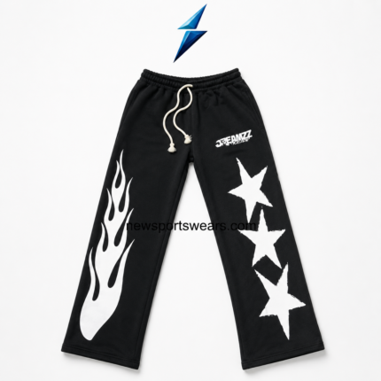 NEW SPORTS WEAR Black Baggy Sweatpants plain rear view with wide legs and double-stitched hems