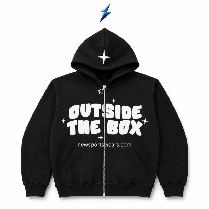 NSW graphic hoodie for men in black with white Outside the Box front print and full zipper