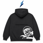 New Sports Wear oversized black hoodie back view with asymmetric white astronaut graphic and center hood seam