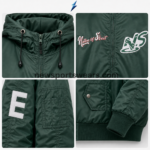 New Sports Wear Bomber Jacket with red-white chest embroidery, NS patch and green center zipper
