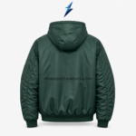 New Sports Wear Bomber Jacket showing a plain forest-green back, stitched hood and ribbed waistband