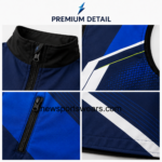 NSW Custom Racing Vest front view in royal blue and black with full zipper, chest logos and two zip pocket