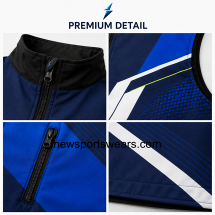 NSW Custom Racing Vest front view in royal blue and black with full zipper, chest logos and two zip pocket