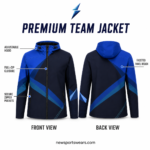 NEW SPORTS WEAR Custom Team Jackets close-up with black zippered pocket, reinforced stitching, green brush graphics, and gray patterned panel design.