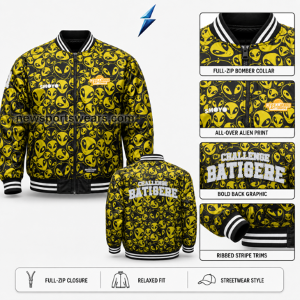 New Sports Wear Graphic Bomber Jacket with alien-head graphics and contrasting chest patches