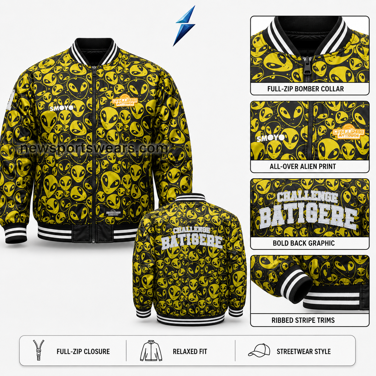 new-sports-wear-graphic-bomber-jacket-patches New Sports Wear Graphic Bomber Jacket with alien-head graphics and contrasting chest patches