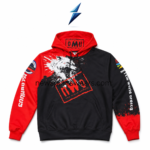 NEW SPORTS WEAR Wholesale Graphic Hoodies back view with a red hood and black color-block body