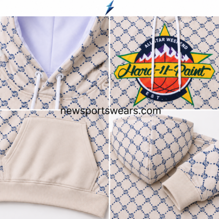 NSW Custom Hoodies in Bulk front view in cream and navy with an all-over pattern, lined hood, chest graphic and kangaroo pocket.