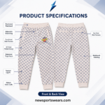 Custom Jogger Pants NEW SPORTS WEAR printed jogger pants back view with navy geometric pattern, rear welt pockets and cream waistband.