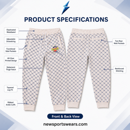 Custom Jogger Pants NEW SPORTS WEAR printed jogger pants back view with navy geometric pattern, rear welt pockets and cream waistband.