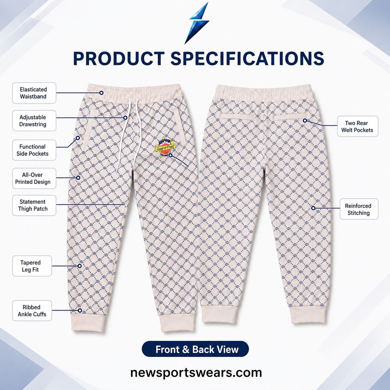 new-sports-wear-jogger-pants-back-view Custom Jogger Pants NEW SPORTS WEAR printed jogger pants back view with navy geometric pattern, rear welt pockets and cream waistband.