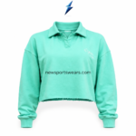 NSW and NEW SPORTS WEAR lounge set cropped mint polo top with pointed collar, ribbed cuffs, raw hem, and white chest detail