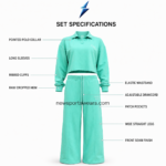 NSW and NEW SPORTS WEAR lounge set specification image showing collar, cuffs, cropped hem, waistband, pockets, and seam construction