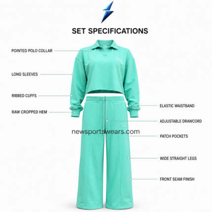 NSW and NEW SPORTS WEAR lounge set specification image showing collar, cuffs, cropped hem, waistband, pockets, and seam construction