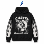 NSW Men’s Oversized Hoodie front view with black fabric, distressed chest artwork and white flame sleeves