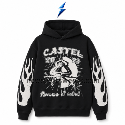NSW Men’s Oversized Hoodie front view with black fabric, distressed chest artwork and white flame sleeves