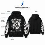 NSW Men’s Oversized Hoodie close-up showing distressed CASTEL chest lettering, 20 28 numerals and illustrated print