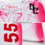 New Sports Wear pink-and-white sweatpants waistband with Conscious script, elastic gathering and braided drawcord