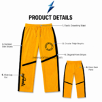 NEW SPORTS WEAR Track Pants for Men with a circular black emblem printed on the golden-yellow left thigh