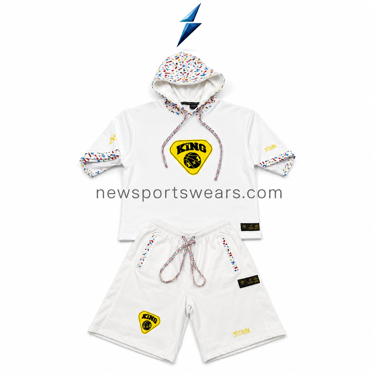 new-sports-wear-white-hood-pattern-detail Men’s 2 Piece Shorts Set NEW SPORTS WEAR white hooded outfit with red blue yellow and black printed lining