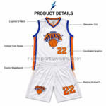 NEW SPORTS WEAR wholesale basketball uniforms featuring white fabric with royal blue and orange contrast side panels